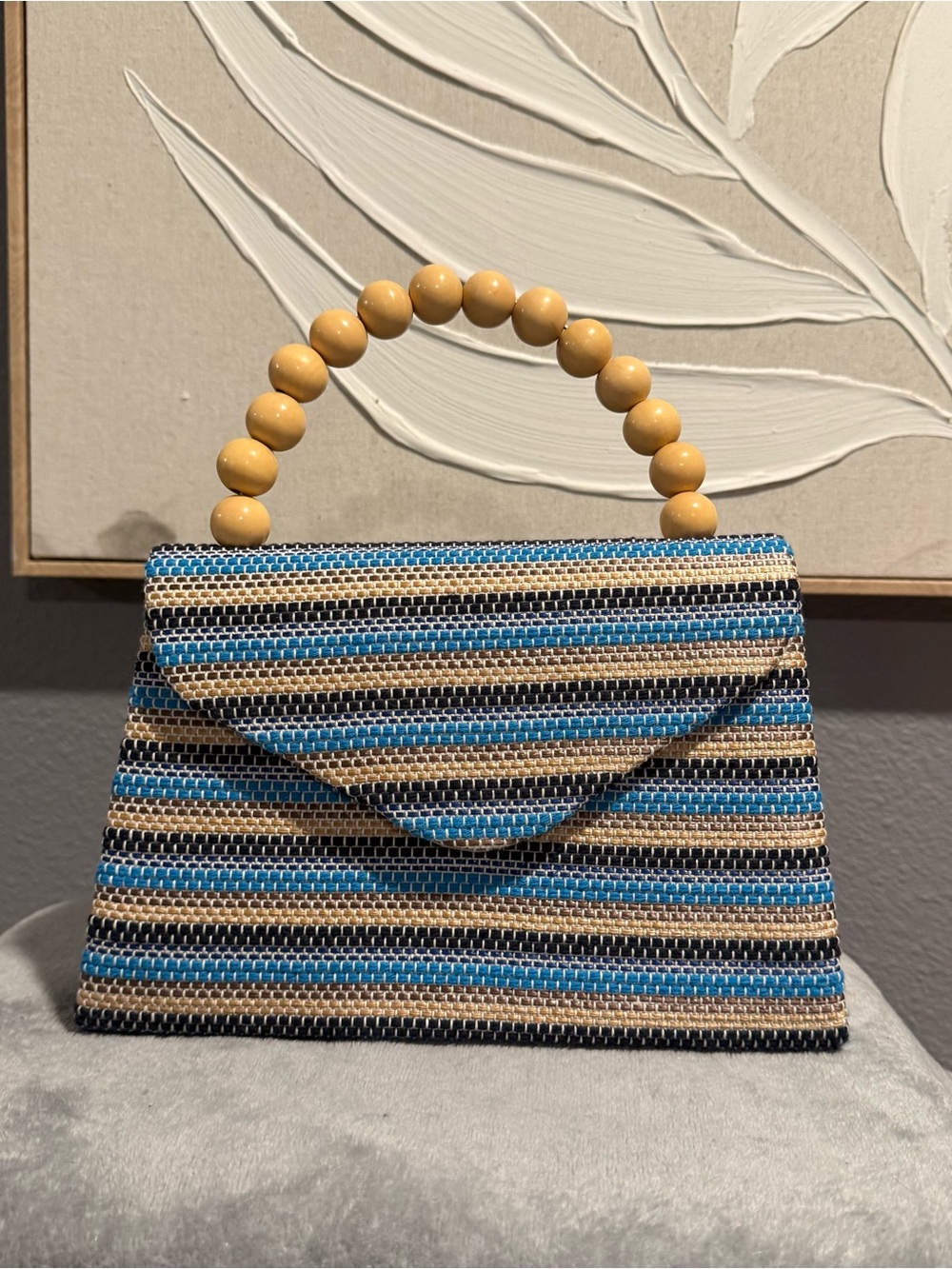 Woven Striped Beaded Handle Top Handle Handbag Boho Resort Blue Tan Black